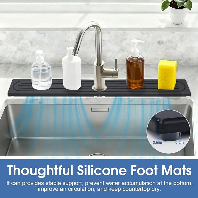 Stone Faucet Mat for Kitchen Sink with Raised Feet, Durable Diatomite Fast-Drying Stone Tray, Non-Slip Decorative Sink Protector for Kitchen Bathroom Counter, Easy Clean, Pure black, 30" x 4" - Image 7