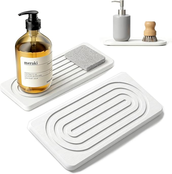 2 PCS Water Absorbing Stone Tray for Sink, Quick Drying Diatomite Bathroom Tray Countertop, Stone Drying Mat for Kitchen Counter Faucet, Soap Dish Dispenser Vanity Organizer, White-A-8.3" x 4" by Unknown