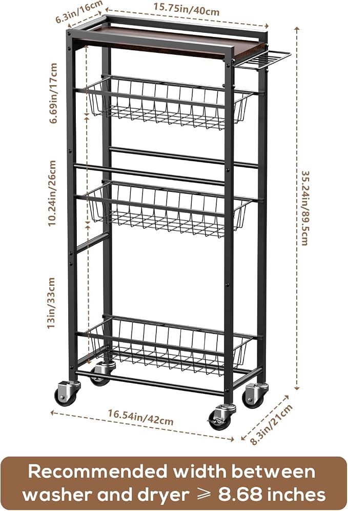 4 Tier Slim Rolling Storage Cart with Pull-Out Baskets, Narrow Sliding Storage Slim Laundry Rolling Cart Between Washer and Dryer - Image 3