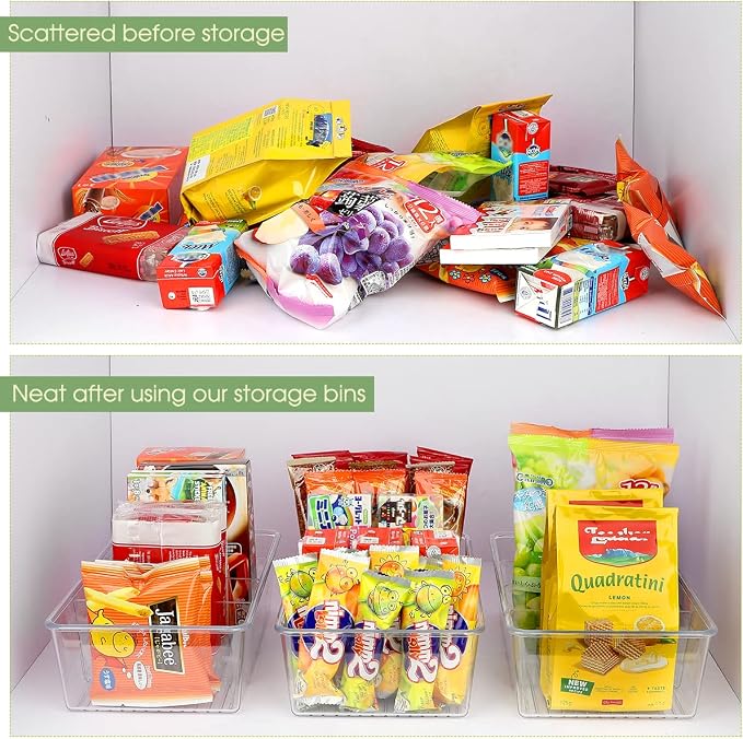 ZIZOTI Snack Organizer for Pantry Shelf, 2 Pack Clear Plastic Pantry Storage Bins with 3 Dividers for Snacks, Spices, Chips Food Organizer, Stackable Pantry Organizers for Kitchen, Fridge, Cabinet - Image 6