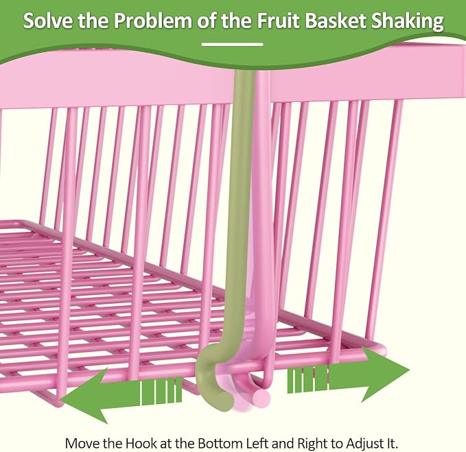 2 Tier Fruit Basket for Kitchen Counter with 2 Banana Hangers, Countertop Metal Fruit Bowl with Wooden Handle, Large Storage Stand for Vegetables, Snacks, Breads, Produce Storage – Rose Pink - Image 7