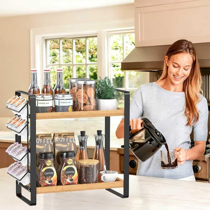 Coffee Station Organizer for Counter,Condiment Storage Caddy for Kitchen,2 Tier Wooden Shelf for Coffee Bar Accessories,Coffee Bar Organizer for Kitchen, Home, Office-Brown - Image 11
