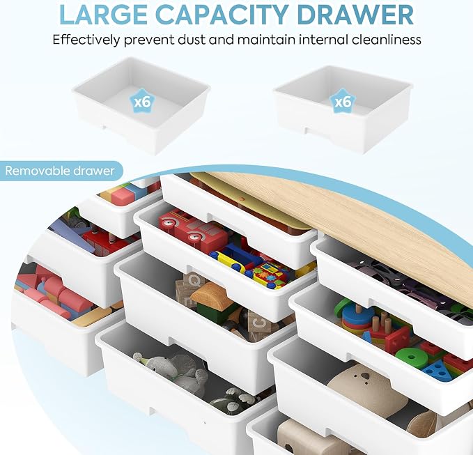 TOOLF 12 Drawers Storage Cabinet with Wooden Top and Plastic Bins, White | Toy Shelf Storage Chest Cubby Organizer, for Home, Office, Playroom, Classroom & Craft Room - Image 5