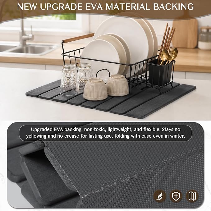 Stone Dish Drying Mat for Kitchen Counter, Thin & Light Quick Dry Stone Dishes Mat, Foldable Water Absorbing Diatomite Drying Pad for Kitchen Bathroom Sink Countertop (Pure Gray 19.7"x13.7" & 8"x4") - Image 4