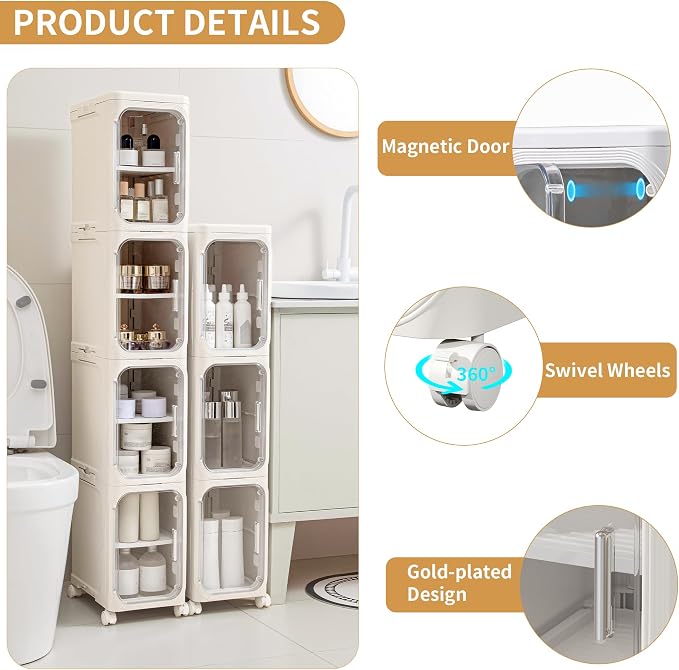4-Tier Tall Narrow Slim Bathroom Storage Cabinet, Cream White | Tool Free Assembly, Adjustable Shelves, Fits for Narrow Spaces, Reinforced Stability, Magnetic Clear Door - Image 4
