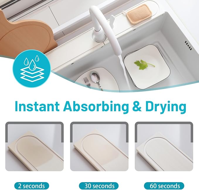 Faucet Mat for Kitchen Sink with Raised Feet, Fast Drying Diatomite Stone Sink Tray, Water Absorbent Faucet & Sink Splash Guard, Prevents Moisture Buildup, Durable Protector for Bathroom Counter - Image 5