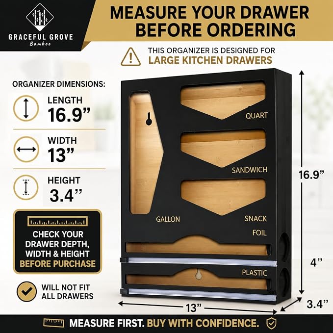 6-in-1 Bamboo Food Storage Bag Organizer for Drawer – Bag Organizer with Foil & Plastic Wrap Dispenser, Built-In Cutter, Holds Gallon Quart Sandwich Snack Bags, Black - Image 3
