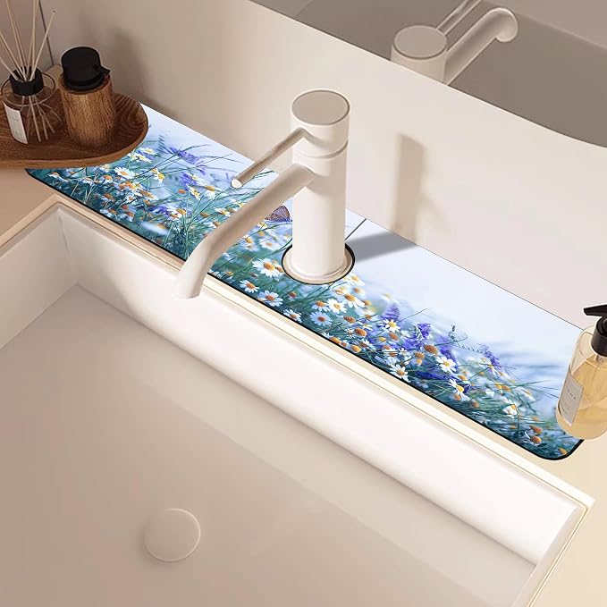 Kitchen Faucet Mat Beautiful Flowers Butterfly Sink Splash Guard Behind Faucet Draining Mat Kitchen Accessories Non-slip Easy to Clean for Bathroom & Kitchen 24"X5.5" - Image 5