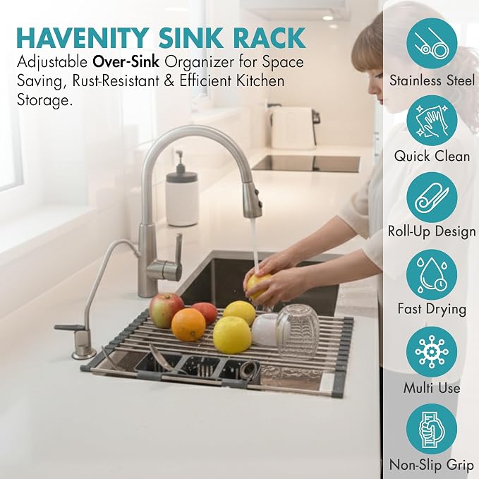 Havenity™ Expandable Roll Up Dish Drying Rack for Small Sinks - Expandable 12.8 to 22.8 Inch Over Sink Rack, Fits Apartments, RVs and Office Kitchens, Stainless Steel, 2 Baskets - Image 4