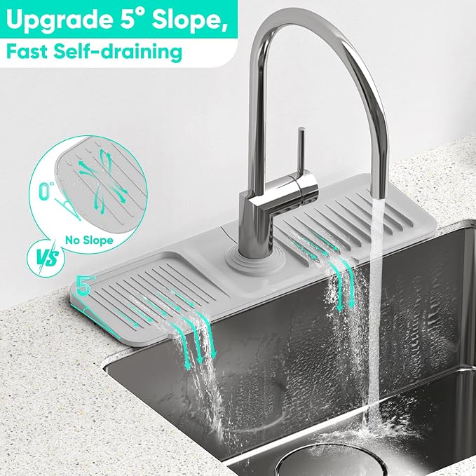 17.7'' Faucet Mat for Kitchen Sink [5°Slope Fast Self-draining] Kitchen Sink Splash Guard Silicone Sink Faucet Mat Splash Guard Kitchen Sink Area Tidy Splash Faucet Guard Draining Mat-Light Gray - Image 2