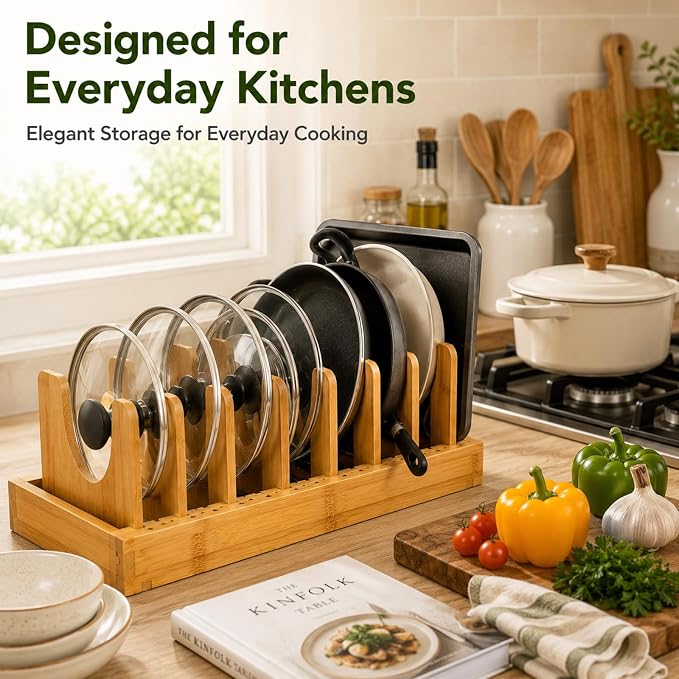 Bamboo Pots and Pans Organizer for Inside Cabinet, Expandable Pot Lid Organizer, Adjustable Kitchen Storage Rack for Lids, Bakeware, Cutting Boards - Image 7