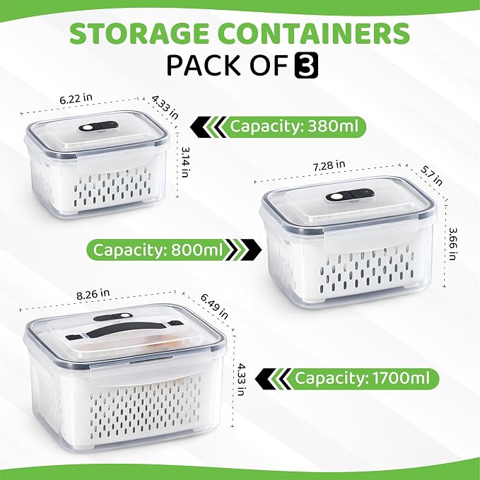 3 Pack Fridge Organizer for Fruit – Fruit Containers for Fridge with Removable Colander, BPA-Free Plastic Produce Keepers for Berry & Meat, Keeps Food Fresh Longer - Image 3