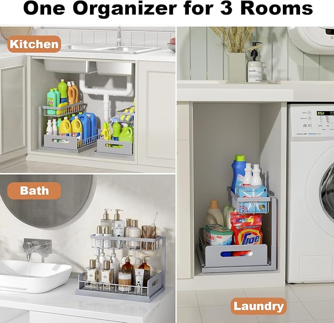 Under Sink Organizer, L-Shaped 2 Tier Pull Out Cabinet Organizer | For Kitchen and Bathroom, Slide Out Under Cabinet Storage, Metal Under Sink Storage with Sliding Drawer, 50 lbs, Grey 2 Pack - Image 5