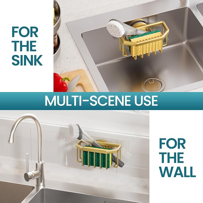 TAILI Sponge Holder for Kitchen Sink with Strong Suction Cup Removable, Rustproof Aluminum Sink Caddy for Sponge, Brush, Scrubber, Scraper -Gold | for Kitchen Sink Organizer, Removable Sponge Caddy Inside Sink, Rustproof Aluminum Holder for Sponges, Br... - Image 5