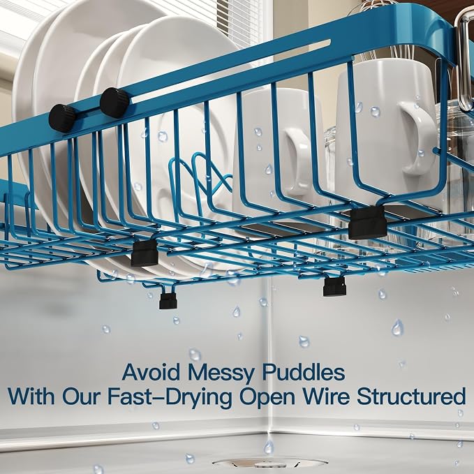 Blue Dish Drying Rack Over The Sink with Utensil Holder | Expandable Stainless Steel Dish Drainer for Small Kitchen, Apartment, RV, Counter Space Saving, Perfect Fit, Rustproof - Image 3