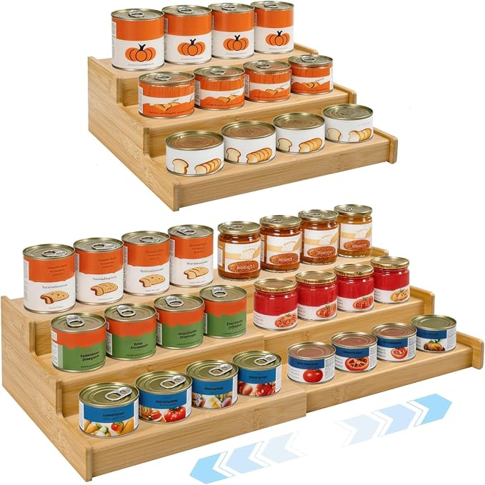 Artcochan 3 Tier Expandable Bamboo Can Rack Organizer for Pantry，Adjustable Pantry Organizers Holds Up to 24 Soda Cans,Canned Food Storage for Kitchen Cabinet Countertop by Artcochan