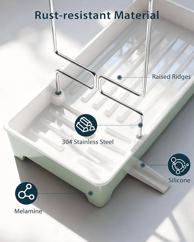 Minimalist Sink Caddy, Rustproof Sponge Holder for Kitchen Sink Green | Large Rustproof countertop organizer with 304 stainless steel brush holder, raised ridges and silicone drain tube - Image 7