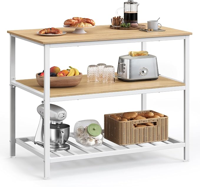 VASAGLE Kitchen Island with 3 Shelves, 39.4 Inches Width Kitchen Shelf with Large Worktop, Stable Steel Structure, Industrial, Easy to Assemble, Oak Color and White UKKI005W09 by Unknown