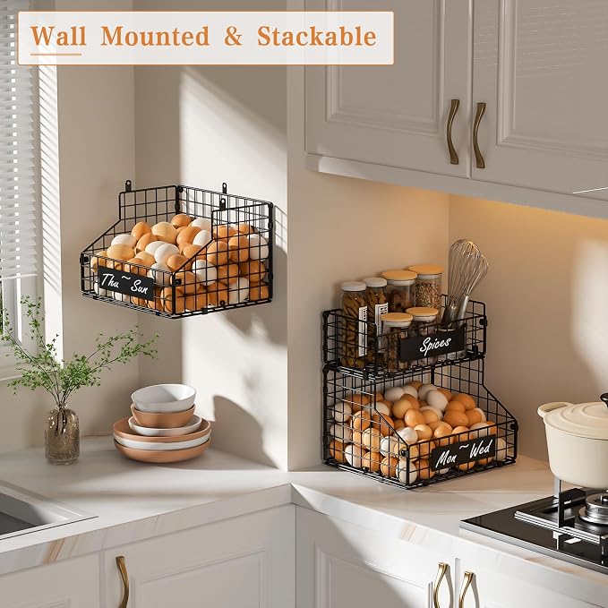 Egg Holder Countertop with DIY Nameplate for Egg Storage, Egg Container | 3-Tier Stackable Wire Baskets, Countertop Egg Organizer for Home & Farm Fresh Eggs, Wall-Mounted, L Size, Patent Pending - Image 2