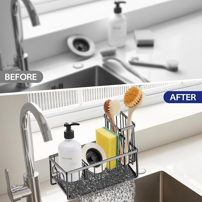 Sinnsally Kitchen Sponge Holder,Sink Caddy Organizer with Brush Holder,Stainless Steel Sink Box Dish Scrubber Holder with Self Drain Tray,Soap Dispenser Kitchen Storage Accessories(1 Tier-Black) - Image 6