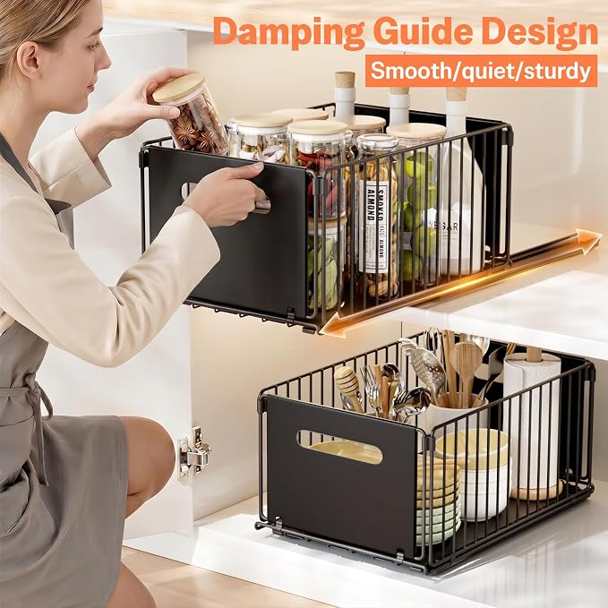 Pull Out Spice Racks for Inside Cabinets, Heavy Duty Under Sink Pull Out Organizer 2 Pack, Slide Out Drawers for Kitchen Cabinets, Bathroom, Pantry Organizers, 14.6”D x 9.6" W x 7" H, Black - Image 5