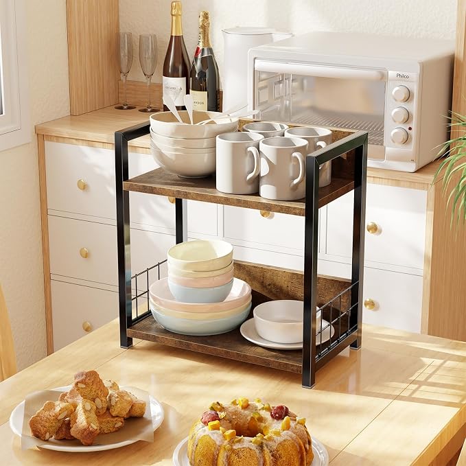 Simple Trending Countertop Shelf Organizer, 2 Tier Kitchen Spice Rack, Coffee Bar Station Storage, for Kitchen Cabinet Bathroom Living Room, Brown, M - Image 2