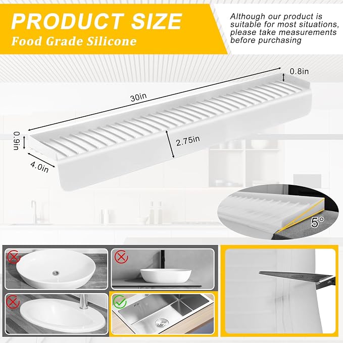 Silicone Sink Edge Protectors - Multifunction Accessories, Splash Guard & Draining Mat for Kitchen, Bathroom Sink, Steel, Granite, Quartz Countertops (Transparent, 4 * 30in) - Image 3