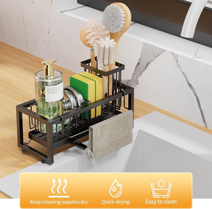 Sponge Holder for Kitchen Sink, 304 Stainless Steel Sink Caddy with Tall Brush Holder & Self-Draining Tray, 3-Compartment Countertop Organizer for Dish Soap Dispenser, Sponge, Scrubber, Black - Image 4