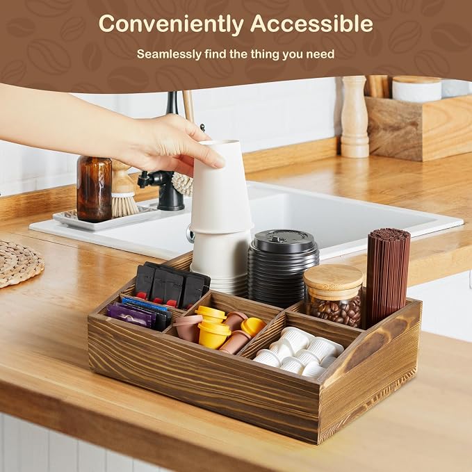 Burnt Wood Coffee Station Organizer for Countertop, Coffee Bar Accessories and Organizer, Rustic Coffee Pod Holder Storage Basket for K Cup Sugar Tea - Image 6