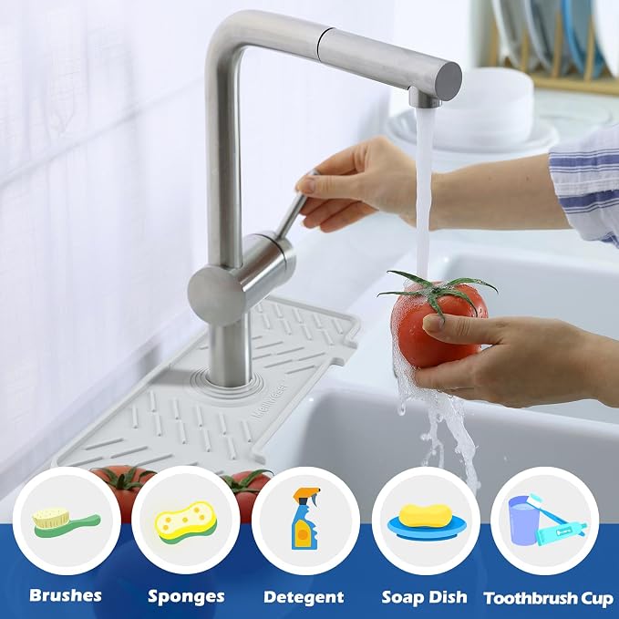 Silicone Faucet Mat for Kitchen Sink – Gen 3 10° Slope Splash Guard with Cuttable Hole – 14” x 5.5” Drip Catcher & Sponge Holder for Kitchen, Bathroom (Gray) - Image 3