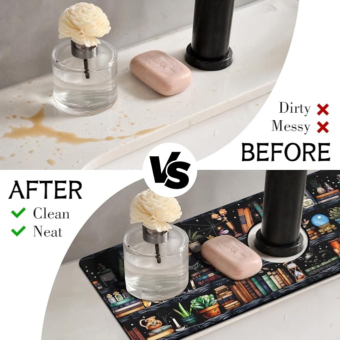 Halloween Kitchen Sink Splash Guard Faucet Mat,Black Witches Bookshelf Skulls Halloween Faucet Non-slip Absorbent Mat,Farmhouse Sink Splash Guard Behind Faucet for Kitchen Bathroom,15"x5.5" - Image 3