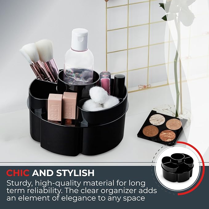 Masirs Small 360 Rotating Makeup Organizer, 5 Compartments, Round Black | Small 360 Rotating Makeup Organizer, 5 Compartments, Acrylic Mini Lazy Susan, Vanity Bathroom Counter, Round Black - Image 4