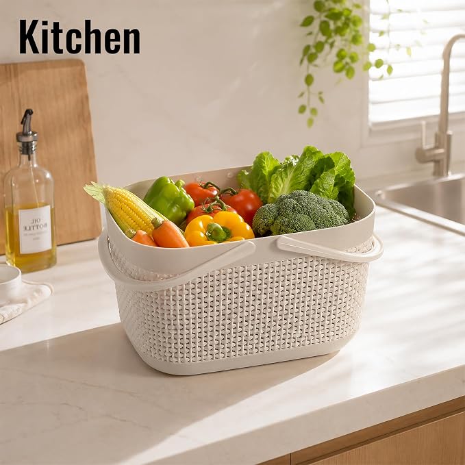 Plastic Portable Shower Caddy Basket, Storage Organizer with Handle, Beige | Bottom Drain Holes, Keep Dry, Sturdy and Durable, Easy to Carry for Bathroom, Kitchen, Dorm Room, RV, College - Image 4