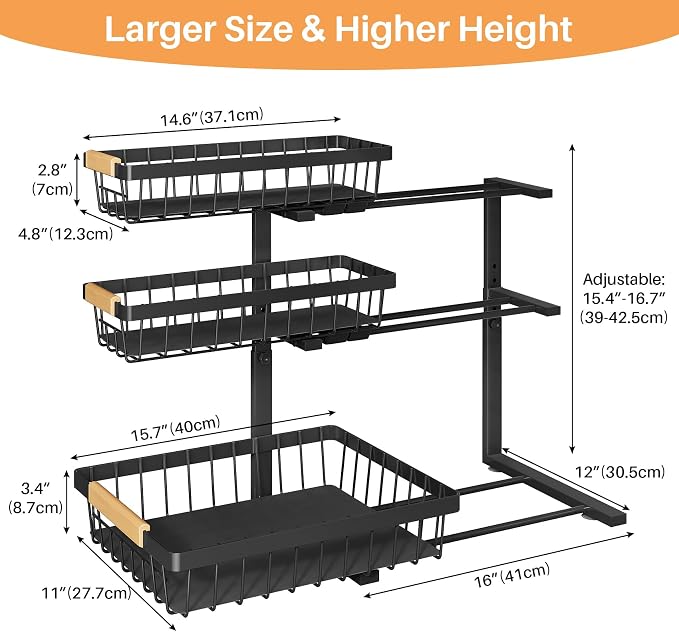 PXRACK Under Sink Organizer, 3-Tier 2-Pack Adjustable Height Pull Out Under Cabinet Organizer, Slide Out Thickened Metal Under Sink Storage for Kitchen Bathroom Laundry Pantry Organization, Black - Image 7