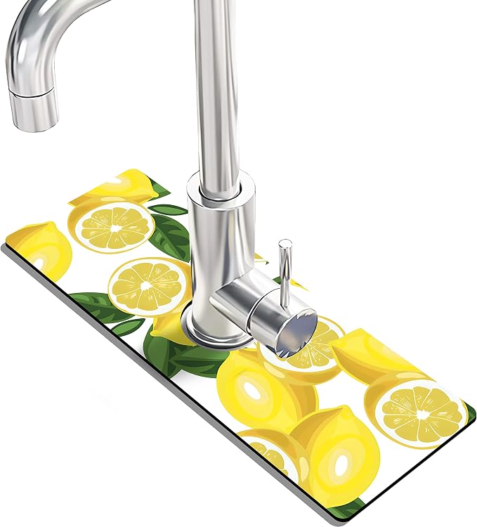 Kitchen Sink Splash Guard Faucet Mat Super Absorbent Fast Drying Mat Sink Gadgets Splash Guard Behind Faucet Drip Catcher for Kitchen (Lemon-1, 15x5.5in) by THIDEAPE