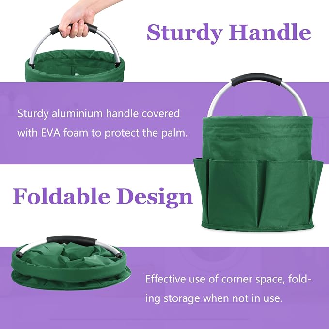 2-Pack Cleaning Supply Caddy with 6 Side Pockets, 17L Foldable Bucket Organizer Storage Tote with Handle, 600D Oxford Tool Bag for House, Dorm, Garden, Bathroom, Green - Image 4