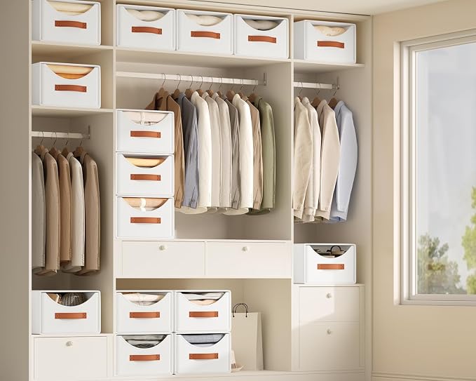 Closet Organizers and Storage - Large Stackable Storage Bins with Drawer, Fabric Bins for Organization, Collapsible Storage Drawers Organizer for Bedroom, Living Room, 4 Pack, White - Image 2