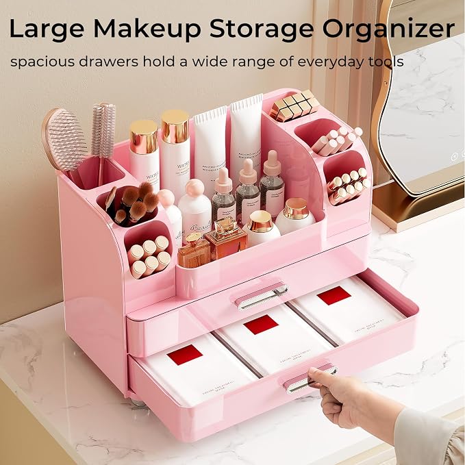 UFORU Makeup Organizer Countertop with 2 Large Drawers for Vanity Bathroom | Brush Holder, Large Capacity, Thickened Plastic, Compact Footprint, Space-Saving Design, Easy Clean, Ideal for Dorm Rooms - Image 3