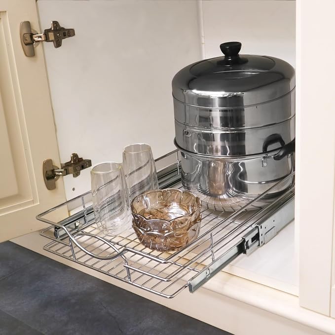 Sikarou Pull Out Cabinet Organizer, Heavy Duty Kitchen Cabinet Pull Out Shelves, Slide Out Wire Basket for Kitchen Cabinets, Bathroom, Pantry, Chrome Finish (11 * 17 in) - Image 7