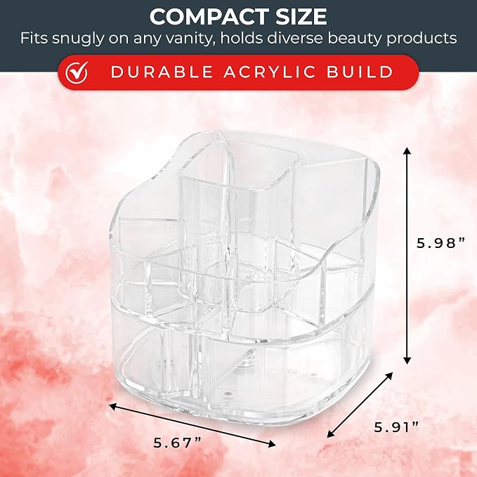 Masirs Small 360 Rotating Makeup Organizer, 5 Compartments, Square Clear | Small 360 Rotating Makeup Organizer, 5 Compartments, Acrylic Mini Lazy Susan, Vanity Bathroom Counter, Square Clear - Image 3