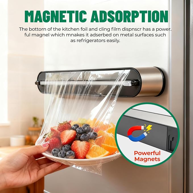 Stainless Steel & Plastic Wrap Dispenser with Cutter, Magnetic No-Drill Wall Mount Aluminum Foil Holder with Slide Cutter, for Cabinets, Space-Saving Kitchen Organizer (Silvery-Stainless Steel) - Image 4