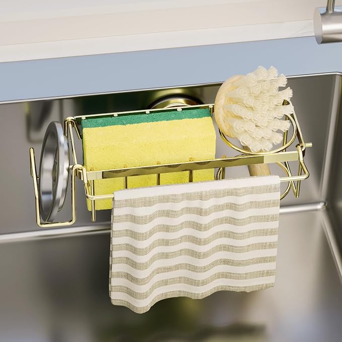 TAILI 4-in-1 Sink Sponge Holder for Kitchen with Strong Suction Cup-Gold | Removable Sink Caddy with Suction Cup, Rustproof 304 Stainless Steel Multi-compartment Sink Organizer for Sponge, Brushes by TAILI