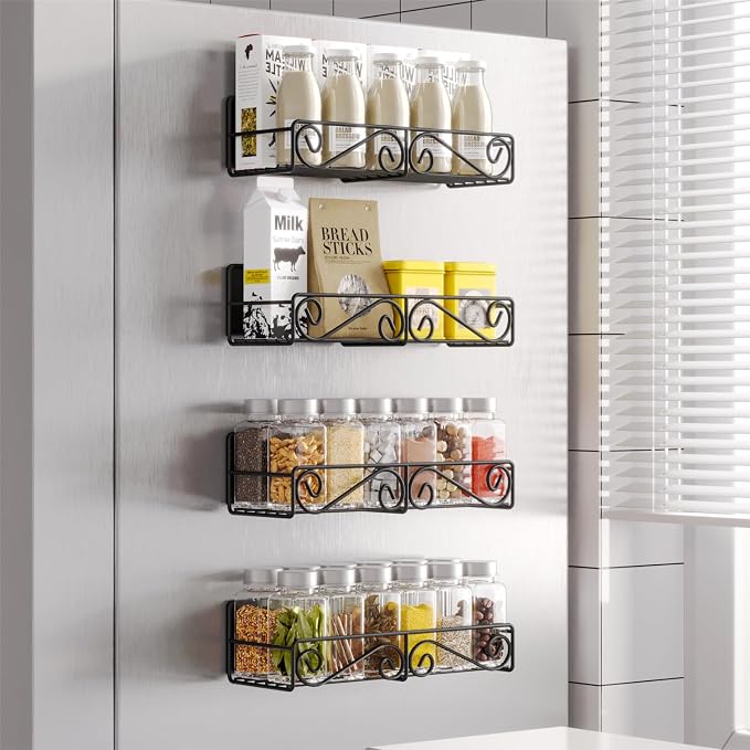 Magnetic Spice Rack for Refrigerator, 4 Pack Strong Magnetic Shelf for Spices, Jars, Bottles, Perfect Space Saver for Small Kitchen/Apartment (Black, 4pack) by THIPOTEN