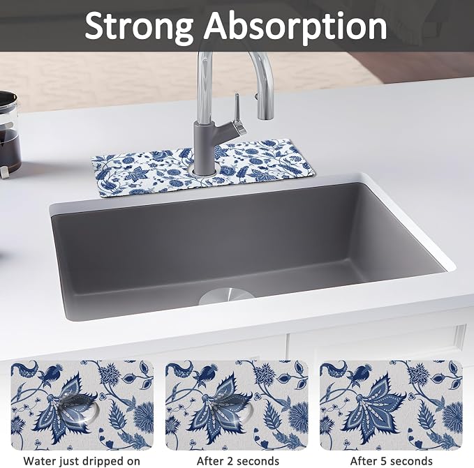 15" X 5.5" Kitchen Sink Splash Guard Faucet Mat Floral Super Absorbent Fast Drying Faucet Guard & Draining Mat Sink Splash Guard Behind Faucet for Kitchen, Bathroom - Image 3