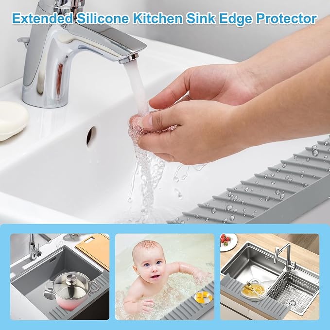 Silicone Faucet Splash Guard 4" x 20", Faucet Water Catcher Mat, Longer Silicone Sink Mat for Kitchen, Bathroom, Laundry Room, Farmhouse for Quartz Kitchen Sink（Gray） - Image 6
