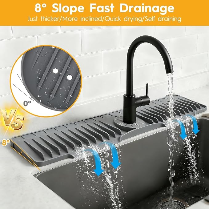 16" Silicone Faucet Mat for Kitchen Sink of The Lastest, Dark Grey | 8° Slope Fast Self-draining, Kitchen Sink Water Splash Guard, Behind Faucet Draining Mat, for Bathroom Kitchen Sink Area - Image 3