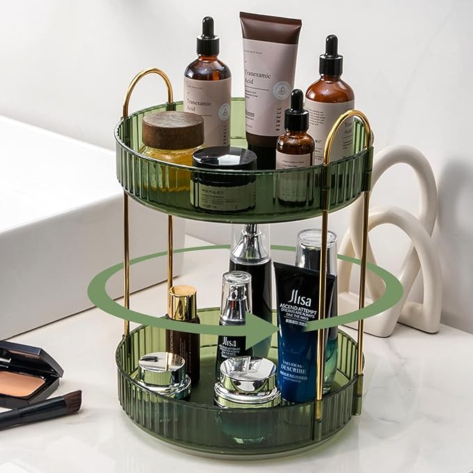 Rotating Makeup Organizer for Vanity, High-Capacity Skincare Make Up Storage Perfume Organizers Cosmetic Dresser Organizer Countertop 360 Spinning (Green, 3 Tier) by SHUANGQING