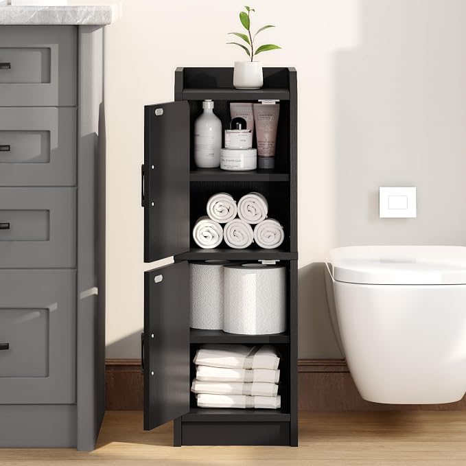 Narrow Bathroom Storage Cabinet with 2 Doors and Shelves, 9.8" W Small Storage Cabinet for Toilet Paper Storage, Slim Cabinet for Small Spaces, Bathroom, Kitchen, 9.8" W × 7.9" D × 29.5" H, Black - Image 7