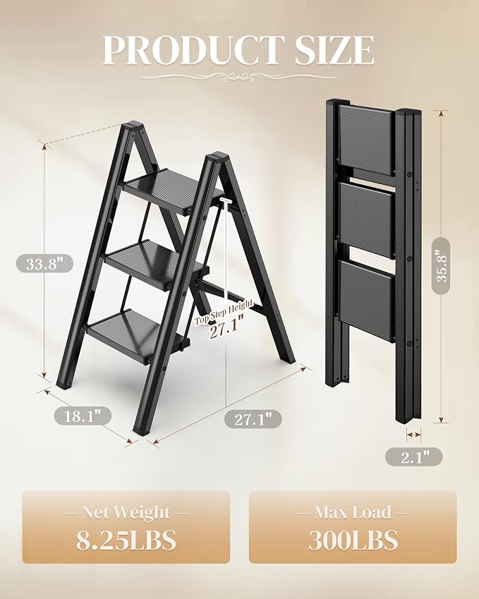 3 Step Ladder, Foldable Aluminum Step Stool with Anti-Slip Pedal | Lightweight yet Sturdy, Portable, Non Slip Feet, 300Lbs Capacity, Elegant Look, for Kitchen, Closet, Pantry, Black - Image 2
