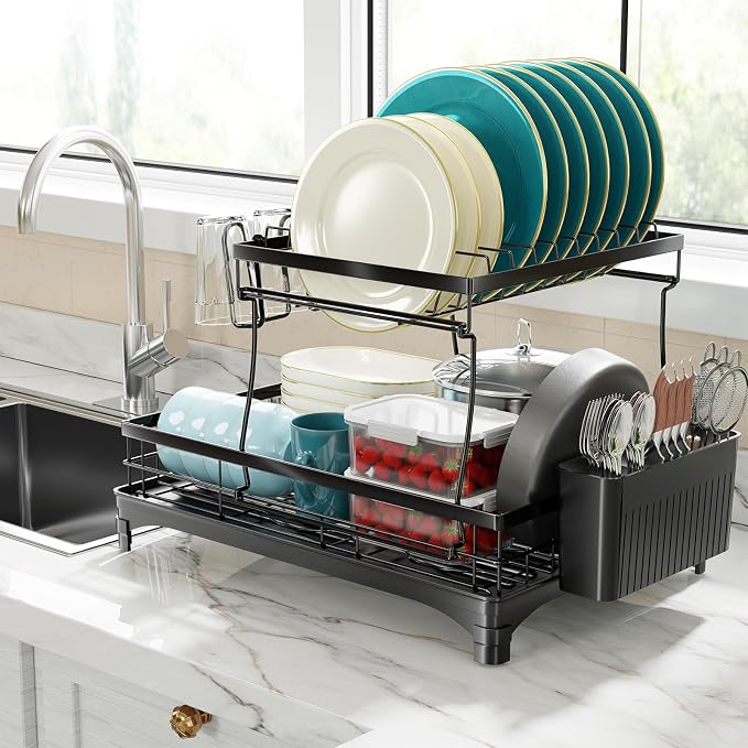 Simple Trending Dish Drying Rack, 2-Tier with Utensil Holder, Black | Stainless Steel Dish Rack for Kitchen Counter, Large Capacity Dish Drainer Organizer, Automatic Drainage, 17"D x 12"W x 15"H - Image 8